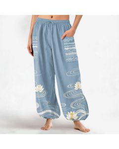 Buddha Stones Cotton Lotus Ripple Pattern Women's Elastic Waist Harem Pants With Side Pockets - LightSkyBlue / US2，UK/AU6，EU34 (XS)