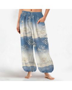 Buddha Stones Cotton Lotus Wave Pattern Women's Elastic Waist Harem Pants With Side Pockets - CornflowerBlue / US2，UK/AU6，EU34 (XS)