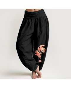 Buddha Stones Cotton Luck Koi Fish Lotus Pattern Women's Elastic Waist Harem Pants - DarkSlateBlue / US8-10，UK/AU12-14，EU40-42 (L)