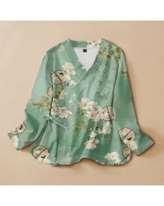 Buddha Stones Cotton Magnolia Bamboo Fan Print Hanfu Style Wrap V-Neck Lace-up Women's Long Sleeve Shirts Kimono - MediumAquamarine / US4，UK/AU8，EU36 (S)
