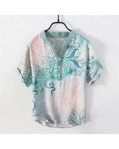 Buddha Stones Cotton Mandala Floral Emblem Men's Short Sleeve Half Button Shirt - MediumTurquoise / US/UK/AU38，EU48 (M)