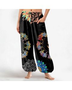 Buddha Stones Cotton Mandala Lotus OM Pattern Women's Elastic Waist Harem Pants With Side Pockets - Black / US2，UK/AU6，EU34 (XS)