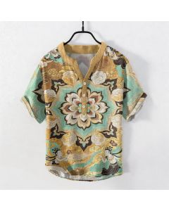 Buddha Stones Cotton Mandala Lotus Pattern Men's Short Sleeve Half Button Shirt - Turquoise / US/UK/AU38，EU48 (M)