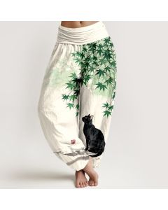 Buddha Stones Cotton Maple Leaf Cat Pattern Women's Elastic Waist Harem Pants - SeaGreen / US2，UK/AU6，EU34 (XS)