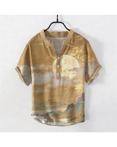 Buddha Stones Cotton Moon Cloud Mountain Pattern Men's Short Sleeve Half Button Shirt - SeaGreen / US/UK/AU50，EU60 (5XL)