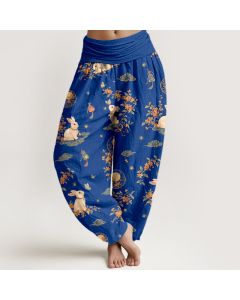 Buddha Stones Cotton Moon Rabbit Floral Pattern Women's Elastic Waist Harem Pants - Teal / US2，UK/AU6，EU34 (XS)