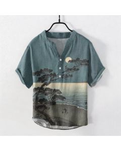 Buddha Stones Cotton Moonlit Coast Pine Pattern Men's Short Sleeve Half Button Shirt - CadetBlue / US/UK/AU38，EU48 (M)