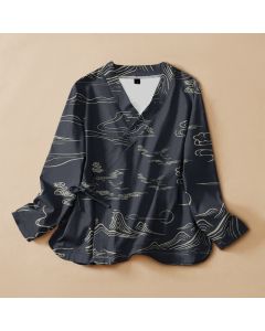 Buddha Stones Cotton Mountain Cloud Moon Print Hanfu Style Wrap V-Neck Lace-up Women's Long Sleeve Shirts - Teal / US14，UK/AU18，EU46 (2XL)
