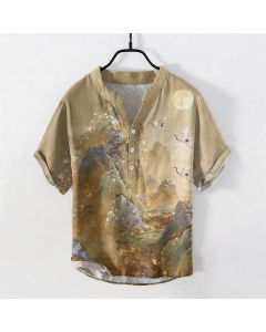 Buddha Stones Cotton Mountain Crane Moon Pattern Men's Short Sleeve Half Button Shirt - DarkKhaki / US/UK/AU38，EU48 (M)