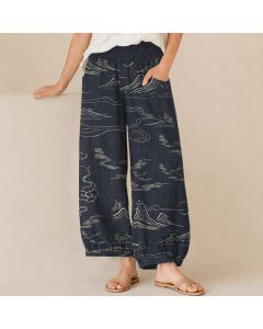 Buddha Stones Cotton Mountain Moon Auspicious Clouds Pattern Pleated Elastic Waist Women's Harem Pants With Pockets - Teal / US8-10,UK/AU12-14,EU40-42 (L)