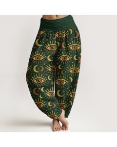 Buddha Stones Cotton Mystic Eye Moon Pattern Women's Elastic Waist Harem Pants - Black / US2，UK/AU6，EU34 (XS)