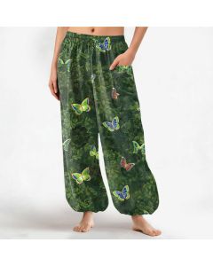Buddha Stones Cotton Nature Inspired Butterfly Foliage Pattern Women's Elastic Waist Harem Pants With Side Pockets - Teal / US2，UK/AU6，EU34 (XS)