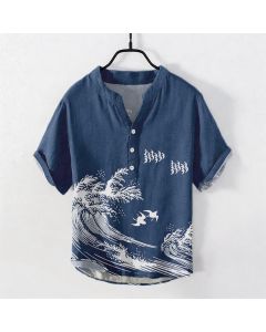 Buddha Stones Cotton Ocean Wave Bird Pattern Men's Short Sleeve Half Button Shirt - Navy / US/UK/AU38，EU48 (M)