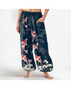 Buddha Stones Cotton Ocean Wave Koi Pattern Women's Elastic Waist Harem Pants With Side Pockets - Navy / US2，UK/AU6，EU34 (XS)