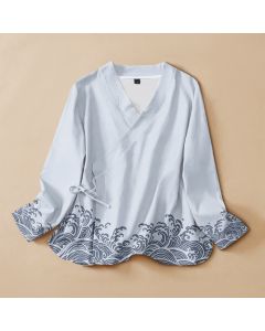 Buddha Stones Cotton Ocean Wave Print Hanfu Style Wrap V-Neck Lace-up Women's Long Sleeve Shirts Kimono - LightBlue / US4，UK/AU8，EU36 (S)