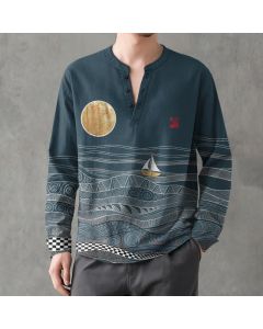 Buddha Stones Cotton Ocean Wave Sailboat Moon Pattern V-Neck Buttons Men's Long Sleeve Shirts - CadetBlue / US/UK/AU38，EU48 (M)