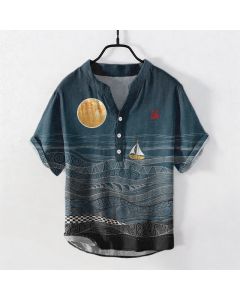 Buddha Stones Cotton Ocean Wave Sailboat Pattern Men's Short Sleeve Half Button Shirt - Teal / US/UK/AU38，EU48 (M)