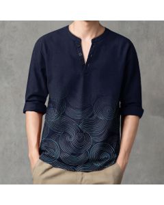 Buddha Stones Cotton Ocean Wave Spiral Pattern V-Neck Buttons Men's Long Sleeve Shirts - Navy / US/UK/AU38，EU48 (M)