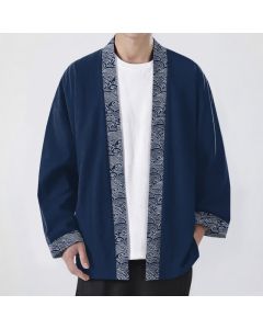 Buddha Stones Cotton Ocean Wave Trim Pattern Open Front Men's Kimono - Navy / US/UK/AU38，EU48 (M)