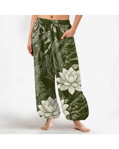 Buddha Stones Cotton Olive Lotus Botanical Pattern Women's Elastic Waist Harem Pants With Side Pockets - Teal / US2，UK/AU6，EU34 (XS)