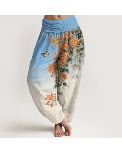 Buddha Stones Cotton Orange Floral Butterfly Pattern Women's Elastic Waist Harem Pants - LightGrey / US16，UK/AU20，EU48 (3XL)