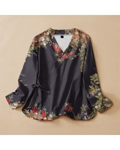 Buddha Stones Cotton Oriental Bloom Pattern Wrap V-Neck Lace-up Women's Long Sleeve Shirts Kimono - Black / US4，UK/AU8，EU36 (S)