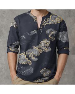 Buddha Stones Cotton Oriental Cloud Pattern V-Neck Buttons Men's Long Sleeve Shirts - Black / US/UK/AU38，EU48 (M)