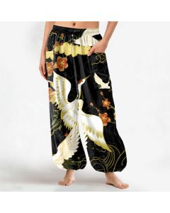 Buddha Stones Cotton Oriental Crane Blossom Cloud Pattern Women's Elastic Waist Harem Pants With Side Pockets - Turquoise / US2，UK/AU6，EU34 (XS)