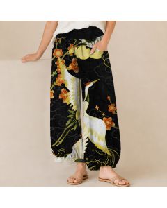 Buddha Stones Cotton Oriental Crane Blossom Pattern Pleated Elastic Waist Women's Harem Pants With Pockets - Turquoise / US2，UK/AU6，EU34 (XS)