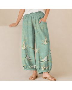Buddha Stones Cotton Oriental Crane Cloud Pattern Pleated Elastic Waist Women's Harem Pants With Pockets - MediumAquamarine / US8-10,UK/AU12-14,EU40-42 (L)