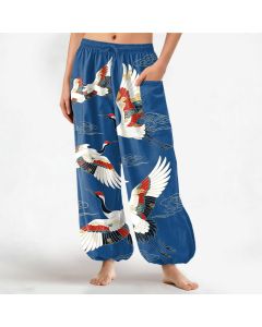 Buddha Stones Cotton Oriental Crane Cloud Pattern Women's Elastic Waist Harem Pants With Side Pockets - MediumTurquoise / US2，UK/AU6，EU34 (XS)