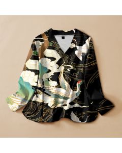 Buddha Stones Cotton Oriental Crane Cloud Print Wrap V-Neck Lace-up Women's Long Sleeve Shirts Kimono - Black / US4，UK/AU8，EU36 (S)