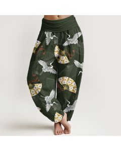 Buddha Stones Cotton Oriental Crane Fan Pattern Women's Elastic Waist Harem Pants - DarkGreen / US2，UK/AU6，EU34 (XS)