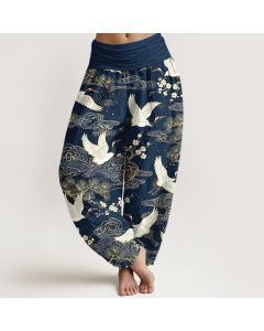 Buddha Stones Cotton Oriental Crane Floral Pattern Women's Elastic Waist Harem Pants - DarkOliveGreen / US4，UK/AU8，EU36 (S)