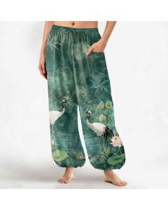 Buddha Stones Cotton Oriental Crane Lotus Pattern Women's Elastic Waist Harem Pants With Side Pockets - MediumAquamarine / US2，UK/AU6，EU34 (XS)