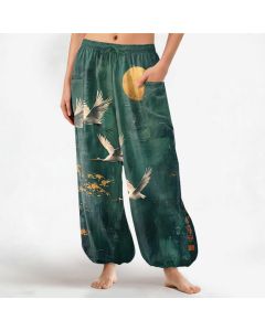 Buddha Stones Cotton Oriental Crane Moon Pattern Women's Elastic Waist Harem Pants With Side Pockets - Teal / US2，UK/AU6，EU34 (XS)