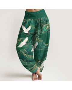 Buddha Stones Cotton Oriental Crane Mountain Pattern Women's Elastic Waist Harem Pants - ForestGreen / US2，UK/AU6，EU34 (XS)