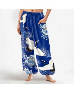 Buddha Stones Cotton Oriental Crane Peony Pattern Women's Elastic Waist Harem Pants With Side Pockets - RoyalBlue / US2，UK/AU6，EU34 (XS)