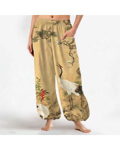 Buddha Stones Cotton Oriental Crane Pine Blossom Pattern Women's Elastic Waist Harem Pants With Side Pockets - PaleTurquoise / US2，UK/AU6，EU34 (XS)