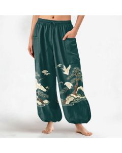 Buddha Stones Cotton Oriental Crane Pine Pattern Women's Elastic Waist Harem Pants With Side Pockets - Teal / US2，UK/AU6，EU34 (XS)