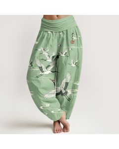 Buddha Stones Cotton Oriental Crane Wave Pattern Women's Elastic Waist Harem Pants - PaleGreen / US2，UK/AU6，EU34 (XS)