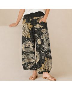 Buddha Stones Cotton Oriental Dragon Lotus Cloud Pattern Pleated Elastic Waist Women's Harem Pants With Pockets - Black / US2，UK/AU6，EU34 (XS)