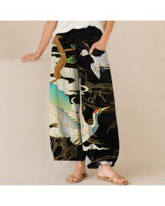 Buddha Stones Cotton Oriental Flying Crane Clouds Pattern Pleated Elastic Waist Women's Harem Pants With Pockets - MediumTurquoise / US2，UK/AU6，EU34 (XS)
