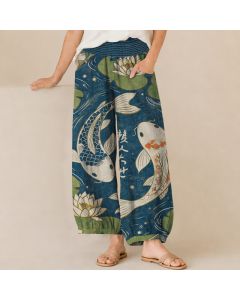 Buddha Stones Cotton Oriental Koi Fish Lotus Pattern Pleated Elastic Waist Women's Harem Pants With Pockets - SteelBlue / US2，UK/AU6，EU34 (XS)