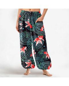 Buddha Stones Cotton Oriental Koi Ripple Pattern Women's Elastic Waist Harem Pants With Side Pockets - Black / US2，UK/AU6，EU34 (XS)