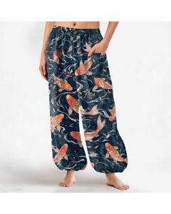 Buddha Stones Cotton Oriental Koi Wave Pattern Women's Elastic Waist Harem Pants With Side Pockets - DarkSlateGray / US2，UK/AU6，EU34 (XS)