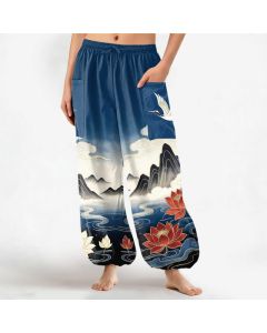 Buddha Stones Cotton Oriental Landscape Lotus Crane Pattern Women's Elastic Waist Harem Pants With Side Pockets - Teal / US2，UK/AU6，EU34 (XS)