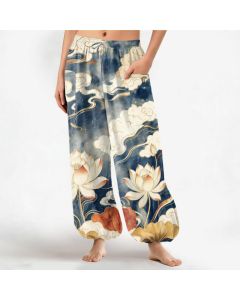 Buddha Stones Cotton Oriental Lotus Cloud Pattern Women's Elastic Waist Harem Pants With Side Pockets - Navy / US2，UK/AU6，EU34 (XS)