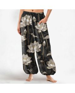 Buddha Stones Cotton Oriental Lotus Floral Pattern Women's Elastic Waist Harem Pants With Side Pockets - Black / US2，UK/AU6，EU34 (XS)