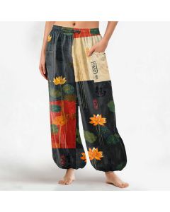Buddha Stones Cotton Oriental Lotus Leaves Patchwork Design Pattern Women's Elastic Waist Harem Pants With Side Pockets - MediumAquamarine / US2，UK/AU6，EU34 (XS)